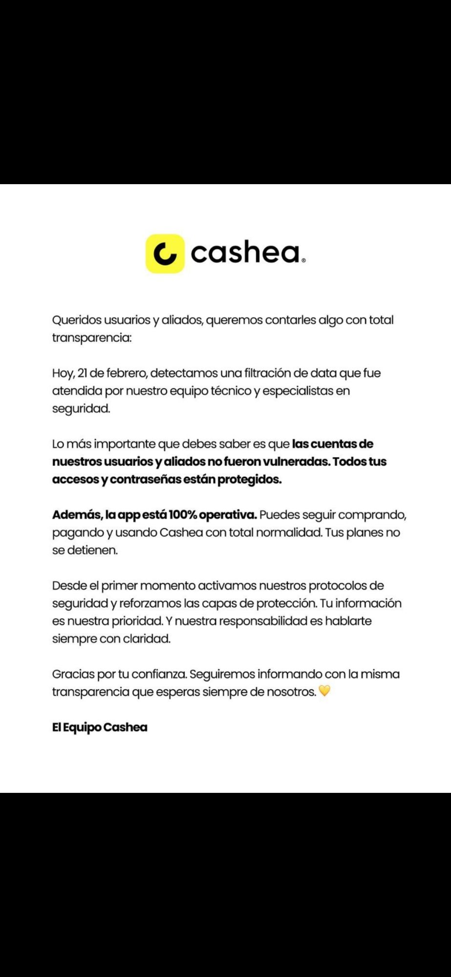 Comunicado oficial de Cashea